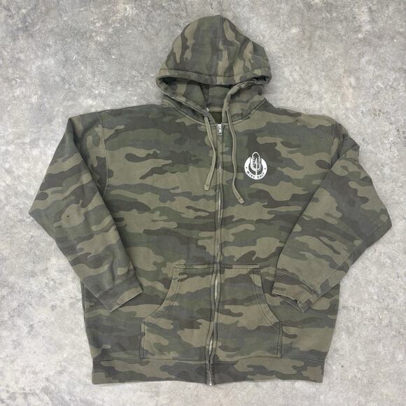 Heavyweight Army Camo Zip Up Hoodie Sweatshirt Graphic Print Mike Drop Podcast - Picture 1 of 8